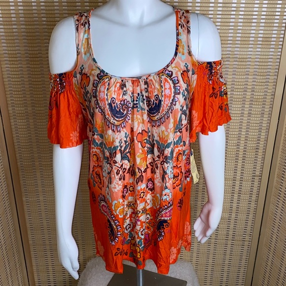 🔶Democracy Orange Floral Cold Shoulder Flutter Sleeves Size Small NWT - Picture 1 of 6